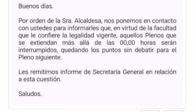 PSOE: La alcaldesa antidemocrática del PP, María Cánovas, decide suspender los plenos a las 12 de la noche