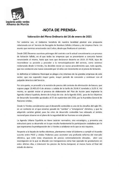 Valoración del Pleno Ordinario del 26 de enero de 2021. IU-verdes Alhama de Murcia
