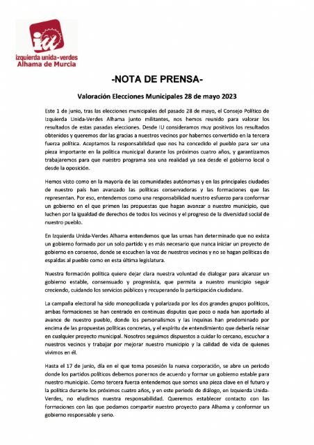 IU-Verdes Alhama, tercera fuerza política en las elecciones municipales, busca conformar un gobierno consensuado y progresista para impulsar el avance del municipio