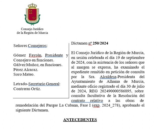 Dictamen del Consejo Jurídico de la Región de Murcia sobre la Resolución del Contrato de Remodelación del Parque La Cubana